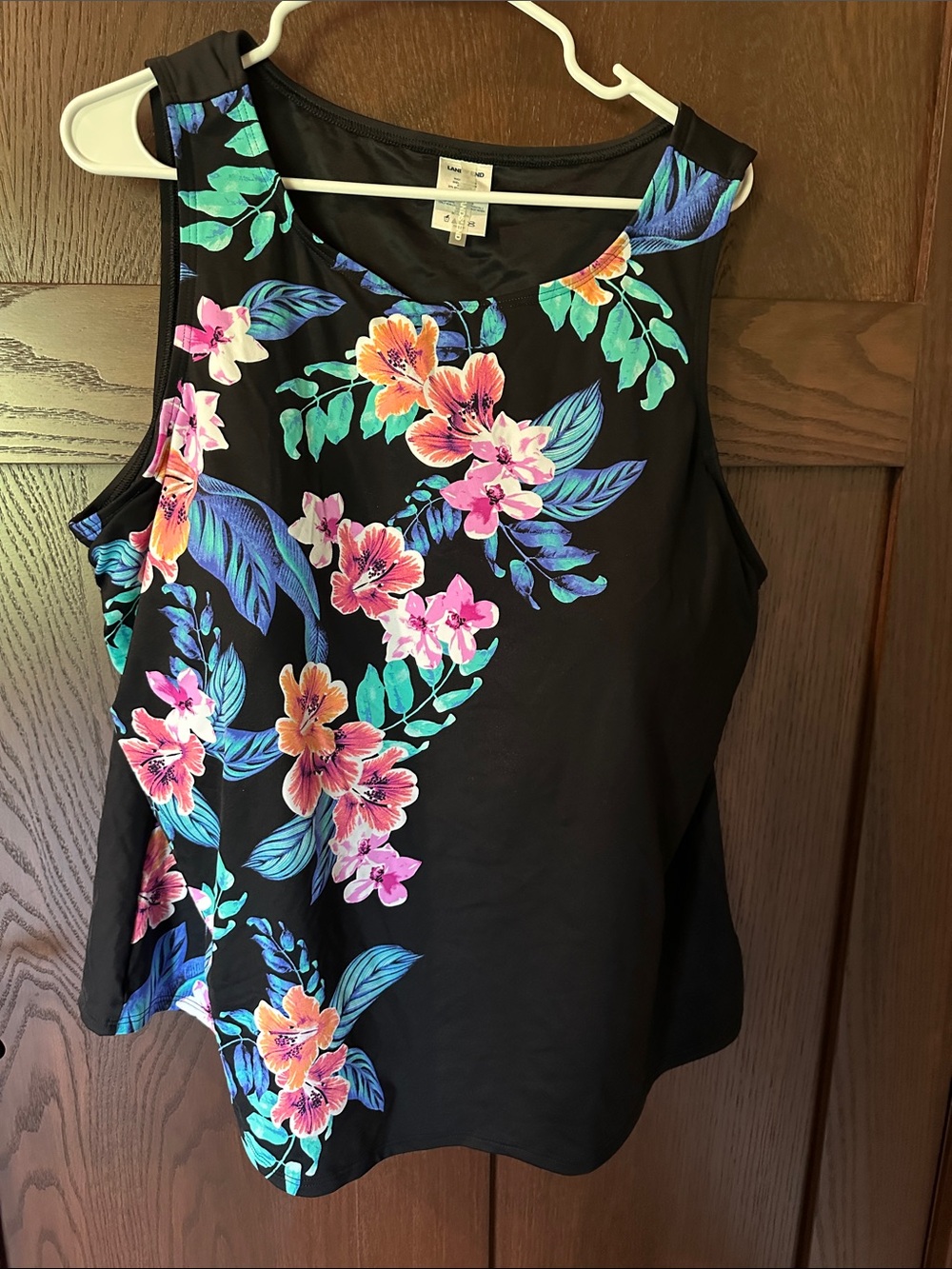 Lands' End Black Tank Top with Vibrant Floral Print